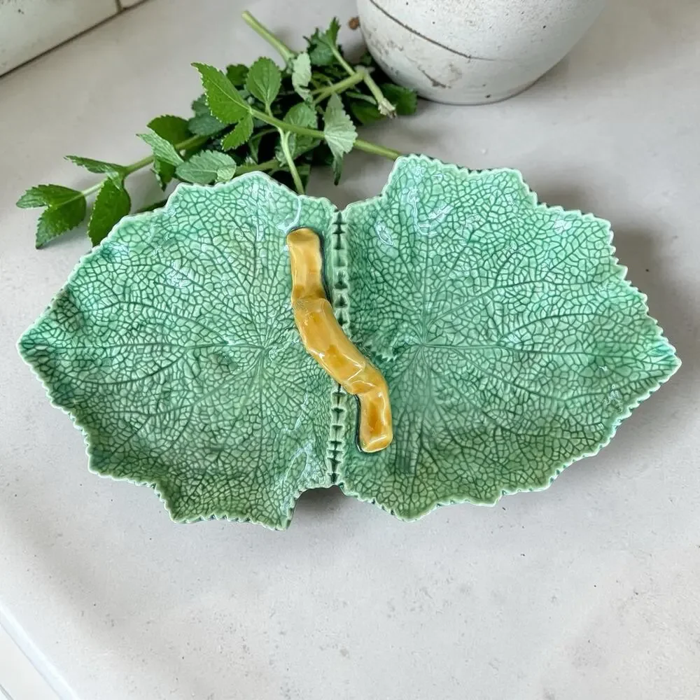 Bordallo Pinheiro Cabbage Leaf Double Dish Portugal Green Majolica Serving Tray